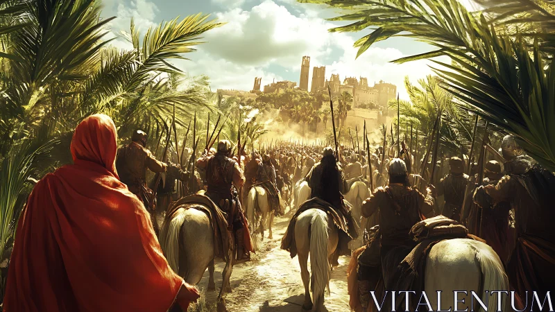 Mounted medieval force advances through palms toward fortress