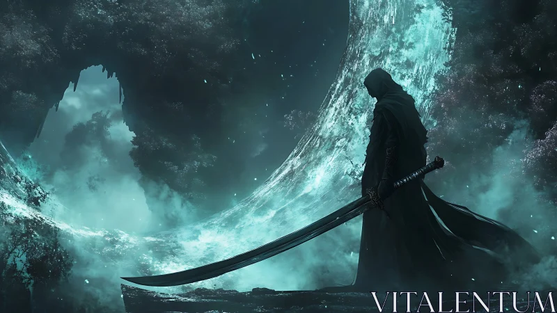 Hooded sword figure stands before luminous curved energy wave