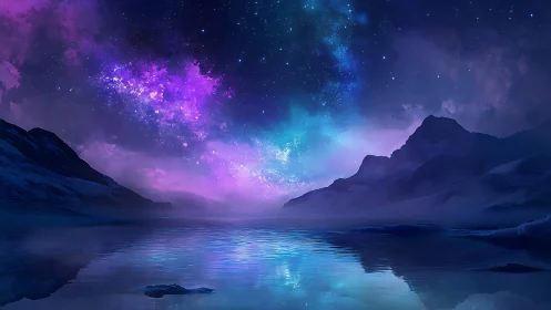 Cosmic aurora glows above tranquil polar water at night.