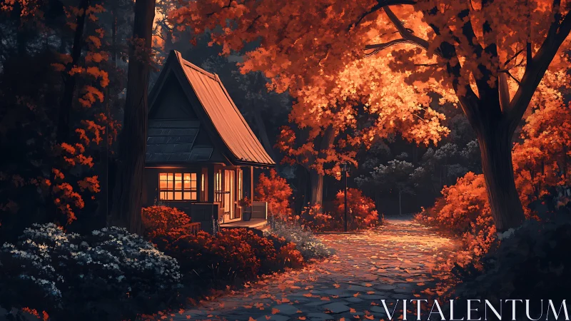 Autumnal forest cottage with warm emissive window lighting.
