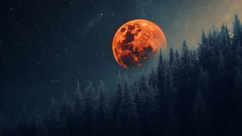 Luminous crimson moonrise over frost-laden conifer canopy.