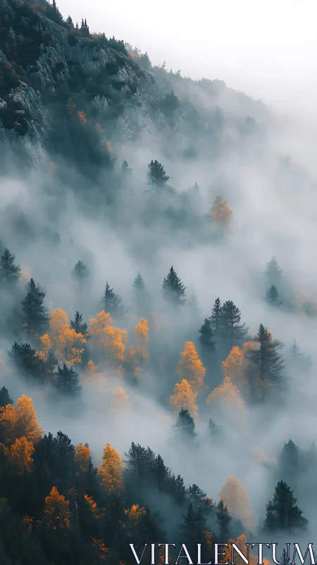 Misty Alpine Valley: Layered Mountain Landscape with Seasonal Foliage.