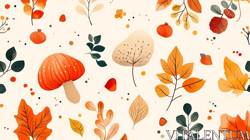 Autumn leaves and mushrooms dance across a cozy cream field