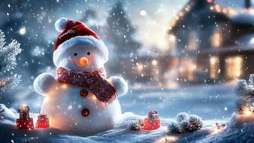 Smiling snowman with gifts in glowing winter snowstorm.