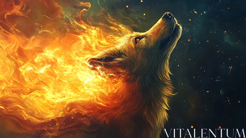 Canine silhouette partially composed of fire in dark space.