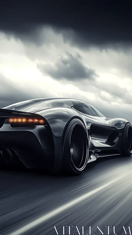 Futuristic black supercar on highway under storm clouds.