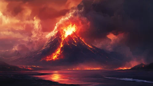 Volcanic Eruption at Night with Lava Flowing Down Mountain Slopes