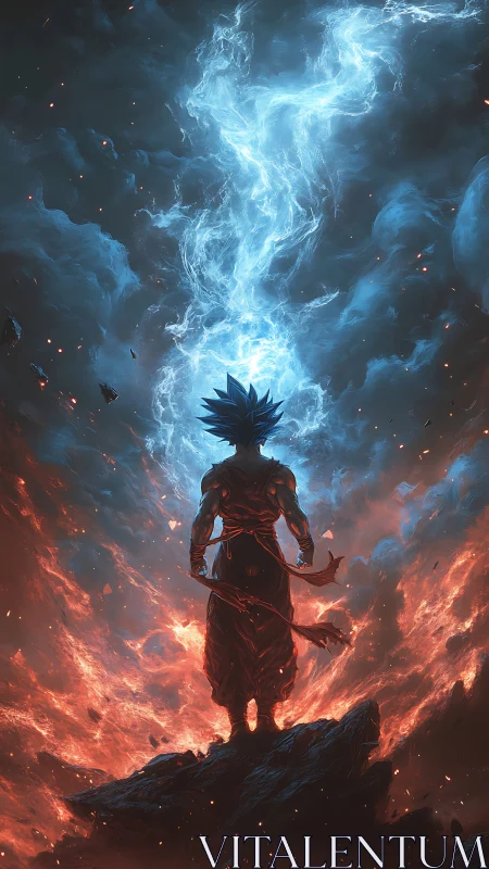 Storm-lit warrior bathed in blue lightning and rising fire.