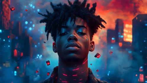 Neon urban portrait with floating data shards and luminescent skin.