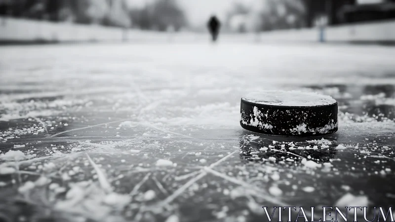 Close-up hockey puck on outdoor frozen rink in winter.