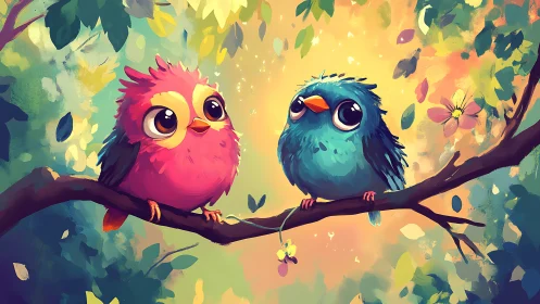 Cute Cartoon Birds on Branch in Vibrant Watercolor Forest Scene.