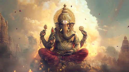 Majestic digital artwork of Ganesha in glowing temple sky.