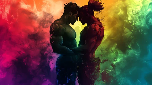 Couple in Neon Mist: Silhouetted Embrace with Colorful Aura.