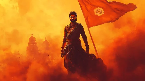 Heroic warrior strides through golden battle haze with pride.