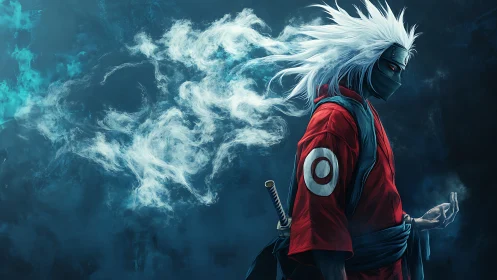 Storm-haired masked ronin weaving ghostly blue smoke. Period.