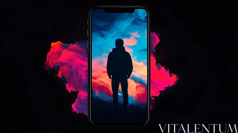 Silhouette stands inside smartphone framed by neon clouds