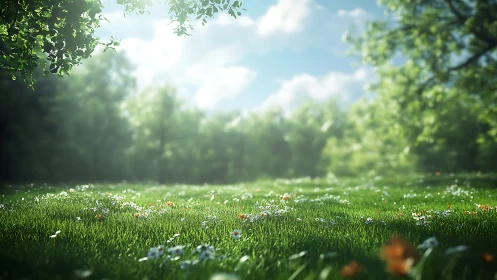 Sunlit wildflower meadow under soft spring canopy.
