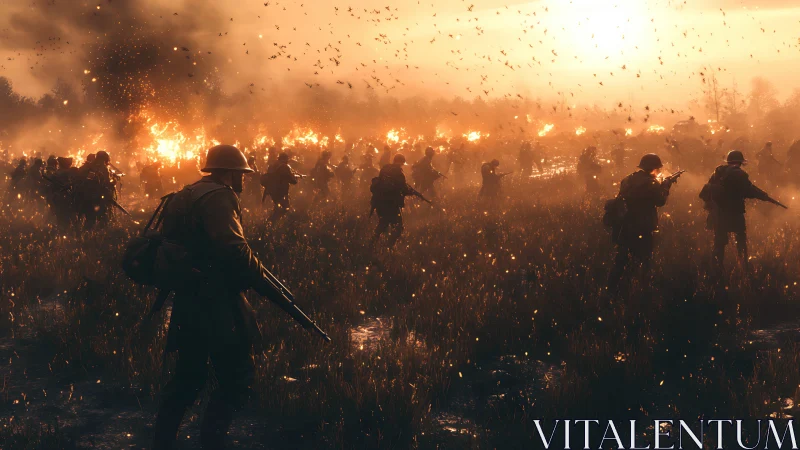 Soldiers advance across burning battlefield at sunset