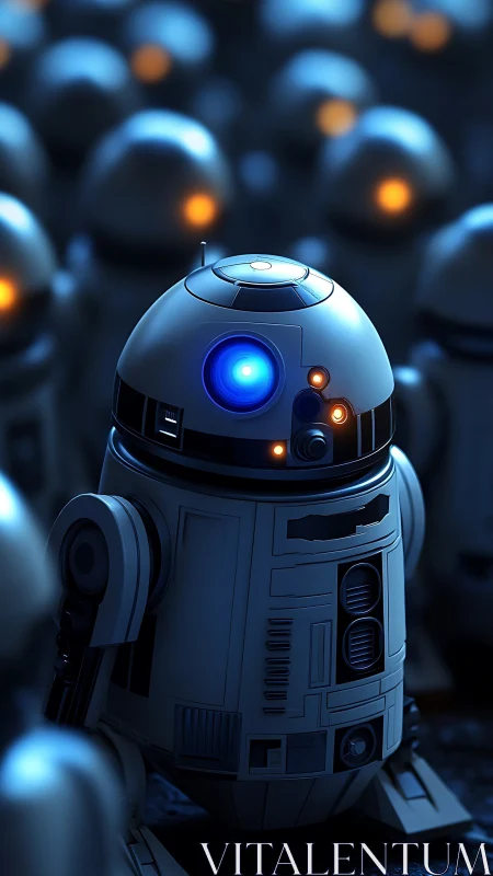 Blue-lit service droid stands among blurred robot crowd.