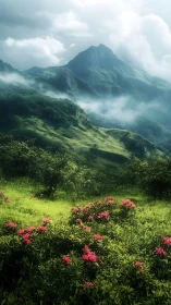 Orographic mist over alpine meadow with saturated flora study.