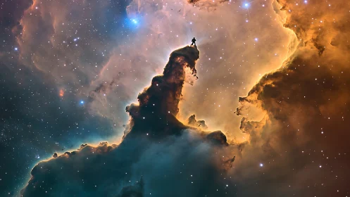 Silhouetted figure stands on nebular ridge amid dense starlight