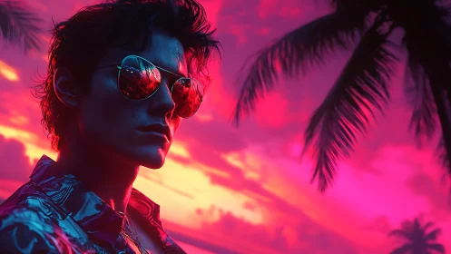 Male figure in sunglasses under neon pink tropical sunset.