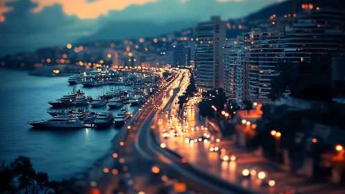 Coastal boulevard and marina at dusk with bokeh traffic glow.