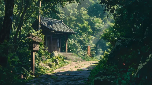 Forest path leads to wooden gate under dense foliage
