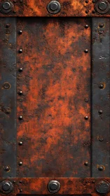 Rusted metal door panel with bolts and dark steel frame.