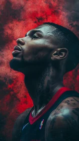 Basketball player profile against intense red backdrop.