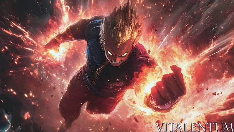 Furious anime hero erupts through firestorm in blazing flight