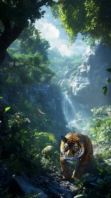 Tiger walking through dense jungle near rocky waterfall.