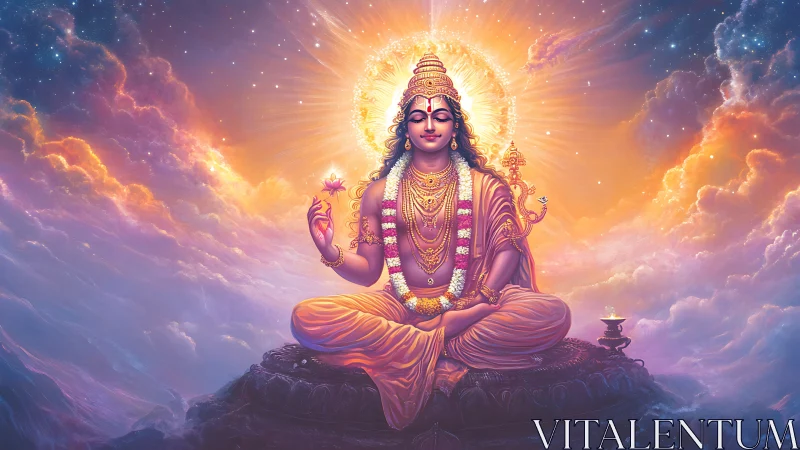 Radiant deity in lotus pose amid glowing celestial clouds.