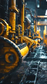 Industrial excavator treads under rain in moody close-up.