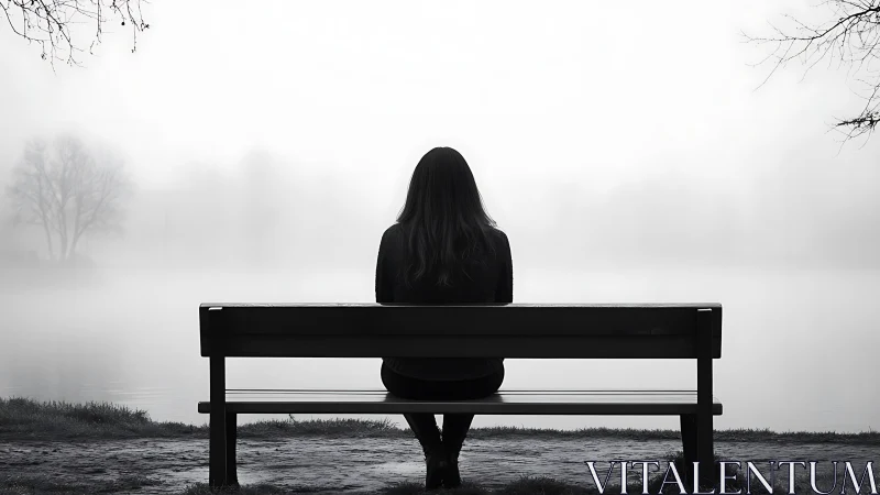 Woman on Bench Facing Misty Lake in Moody Black and White Style.