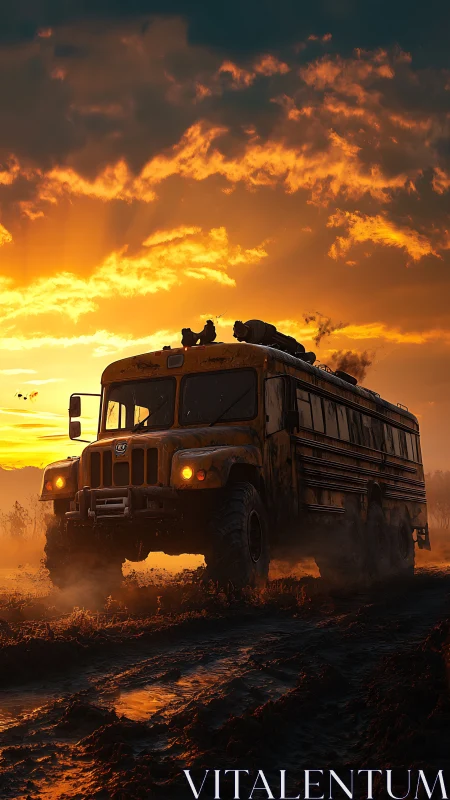 Mud-scarred sunset bus roaring through post-storm silence.