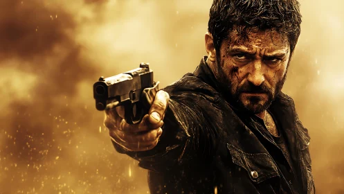 Man extends handgun toward camera against diffuse golden haze