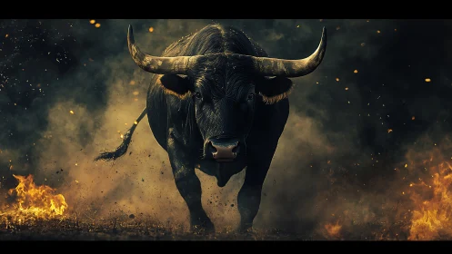 High-contrast digital bull charge through ember-laced flames.