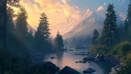 Golden sunrise over alpine river and misty evergreen forest