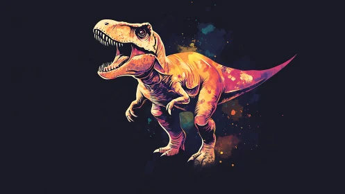 Neon T. rex roars against dark splatter background