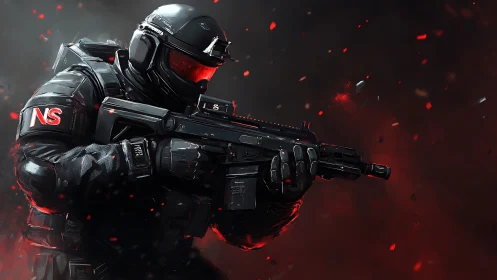 Armored tactical soldier with rifle in red-lit environment.