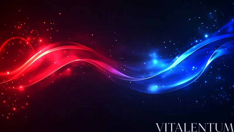 Glowing red and blue energy waves drifting through night.