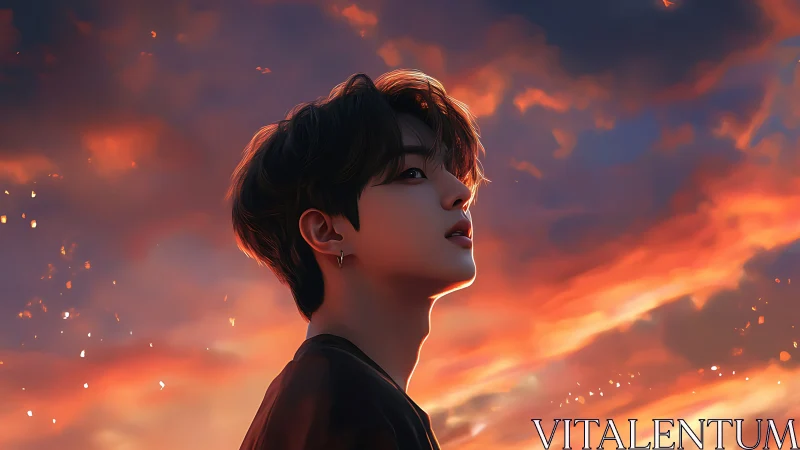 Side profile portrait of youth rendered against sunset sky