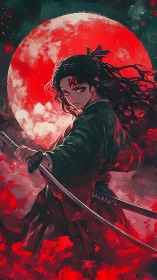 Bloodlit swordsman stands before massive crimson moon