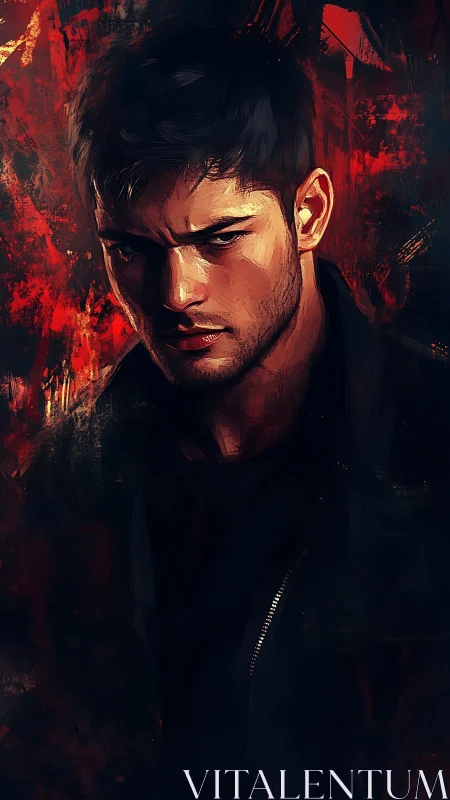 Brooding young man emerges from fiery abstract shadows.