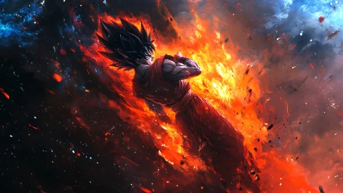 Fiery anime warrior figure occupies central diagonal space