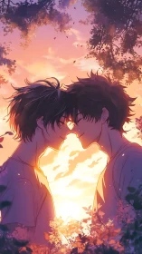 Sunset-lit boys stand forehead to forehead in blooming garden