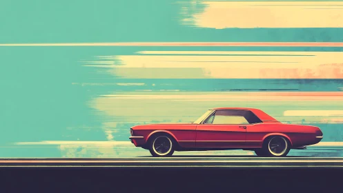 Retro digital painting of red muscle car in lateral motion blur.
