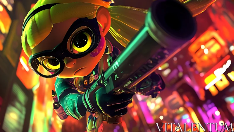 Stylized humanoid character aims weapon in neon city scene