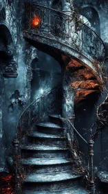 Spellbound spiral staircase guarding a single embered eye.